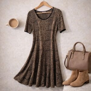 Carmen Marc Valvo Animal Print Dress 1X Fit and Flare Knit Brown Black Plus Size